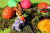 Easter bunny with eggs and paint brushes