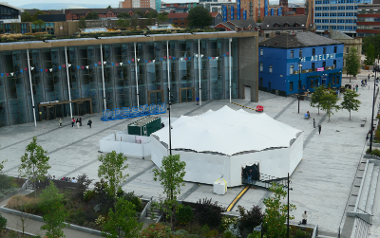 A photo of The Mobile Event Tent from above at Preston's UCLan campus