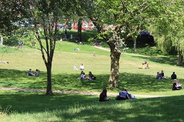 Winckley Square gardens with people relaxing