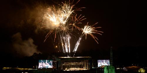 Fireworks and stage at Proms in the Park as part of the 2012 Preston Guild celebration.