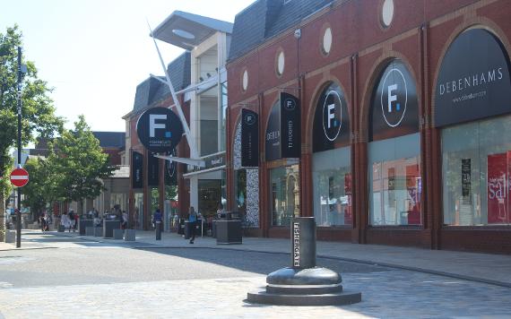 Main entrance to Fishergate Shopping Centre along Fishergate high street.