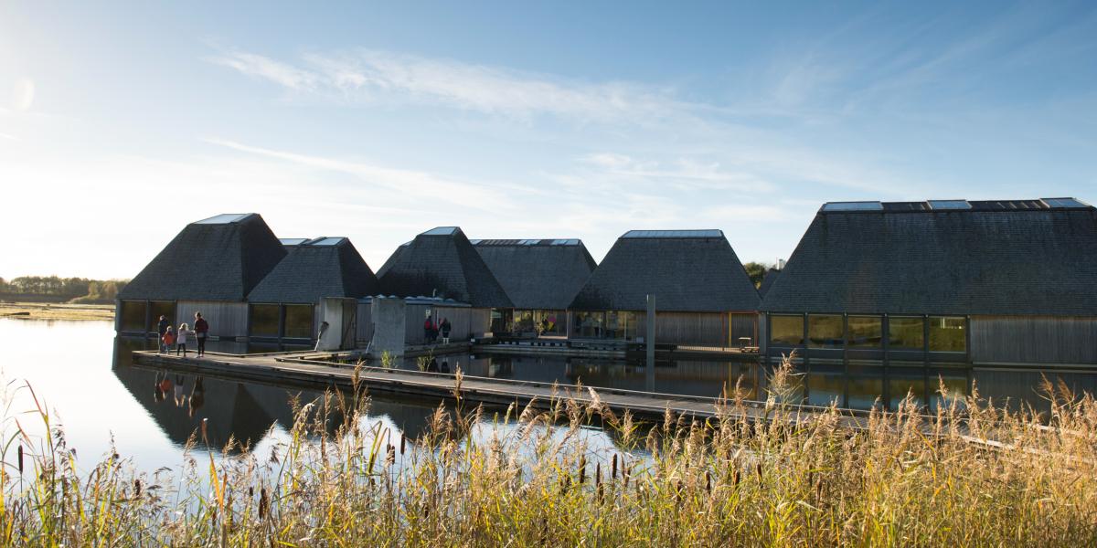 Main image: Brockholes floating visitor centre on a sunny day. Brockholes floating visitor centre on a sunny day in Preston, Lancashire.