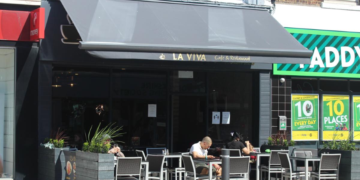 Main image: Outside La Viva cafe, Preston, on a sunny day. Outside La Viva cafe, Preston, on a sunny day.