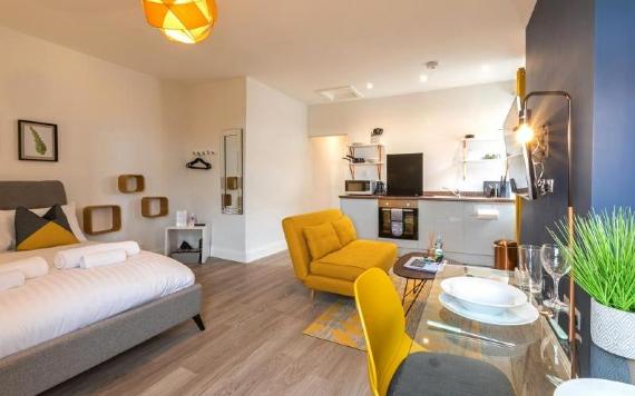 Fulwood Heights studio apartment with yellow, blue and grey decor.