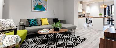 Modern open plan living room kitchen in City Haven Apartments, Preston.