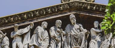 Close up of stone carvings in Harris Museum building.