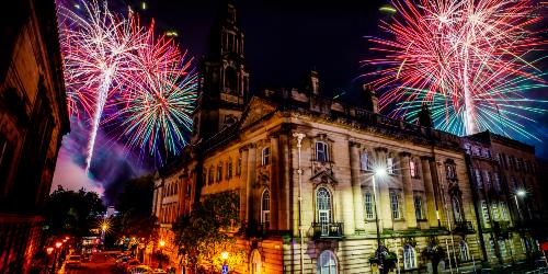 Preston Town Hall and Sessions House at night with firework display. Preston Town Hall and Sessions House at night with firework display.